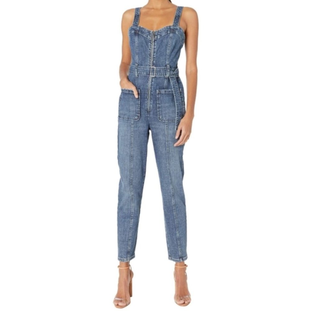 Rebecca Taylor LA VIE Blue Denim JUMPSUIT OVERALLS Big Pockets with BELT XL!